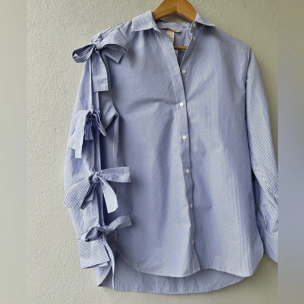 H&M | NWT Bow- Detail Poplin Shirt - Picture 2 of 16